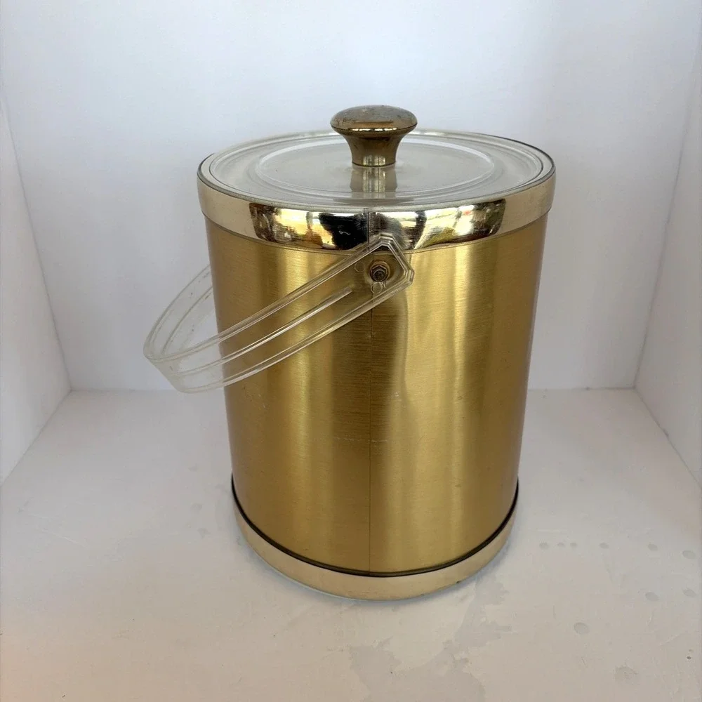 Vintage MCM Gold Culver Ice Bucket Gold Clear Lucite Handle and Lid Retro‎